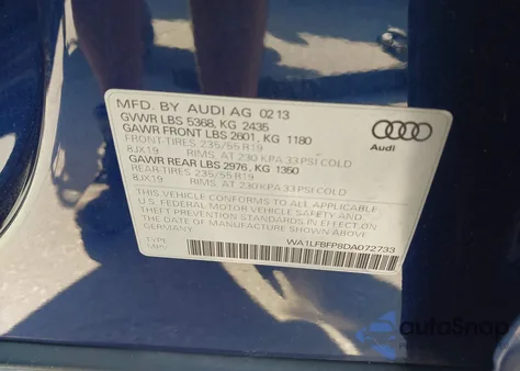 2013 Audi Q5 2.0T Premium from USA, damaged, VIN WA1LFBFP8DA072733